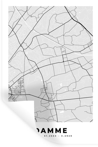 Muurstickers - Sticker Folie - België – Damme – Stadskaart – Kaart – Zwart Wit – Plattegrond - 20x30 cm - Plakfolie - Muurstickers Kinderkamer - Zelfklevend Behang - Zelfklevend behangpapier - Stickerfolie
