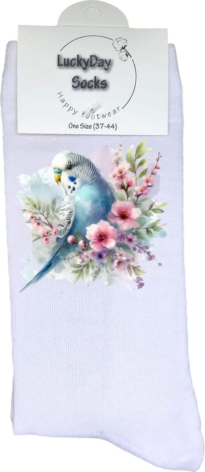 Parkiet - Vogel -Opkikker - Grappige sokken - Valentijns cadeau - Verjaardag cadeau - Sinterklaas cadeau - Leuke sokken - Vrolijke sokken - Blauw - Bloemen - Kerst Sokken - Vaderdag - Moederdag - Kerstcadeau - Socks die Happy maken - 37-44