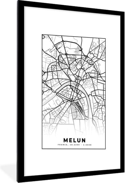 Fotolijst incl. Poster Zwart Wit- Frankrijk - Stadskaart - Plattegrond - Kaart - Melun - Zwart wit - 60x90 cm - Posterlijst