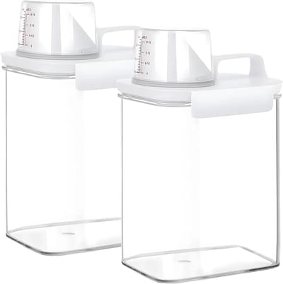 Twee luchtdichte dispensers voor wasmiddel, een opbergdoos voor wasmiddel van 1800 ml met maatbeker, een multifunctionele doos voor wasmiddel, een opbergdoos voor waspoeder, een dispenser voor waspoeder, geschikt voor waspoeder en wasparfum.