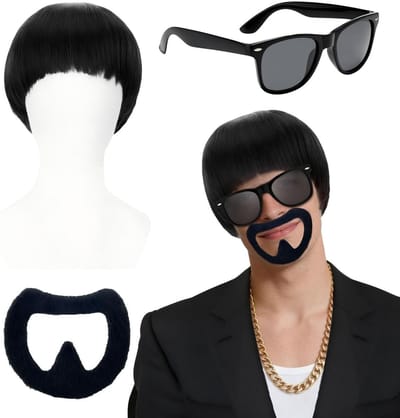 Kostuumaccessoireset voor Ibiza-feest met korte zwarte partypruik, sik, en zonnebril - Perfect voor Halloween en carnaval