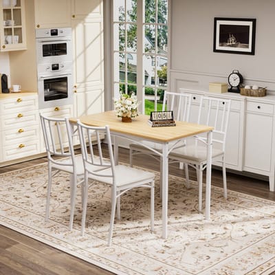 Intebiki eetkamerstoelen – 110×60×76.5 eettafel - eetkamerstoelen set van 4 – eetkamerset – inclusief barkrukken - metalen poten – eettafel stoelen – geschikt voor keuken en eetkamer - wit