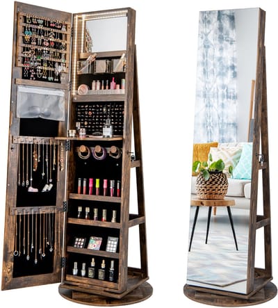 COSTWAY Sieradenkast met led, spiegelkast, 360 graden draaibaar, met frameloze full-body spiegel, sieradenorganizer afsluitbaar, sieradenopslag