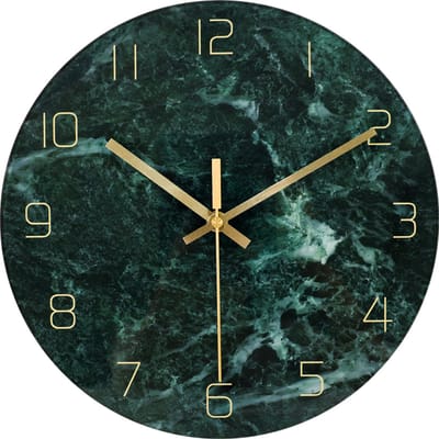 IvoQ Wandklok 30 cm - Stil Uurwerk - Groen Marmerlook & Goud - Luxe Glazen Design