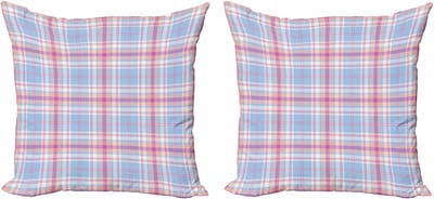 ABAKUHAUS Pastel Decoratieve Kussenhoez Set van 2, Vintage Ruitjespatroon, 50x50 cm, Lichtblauw Fuchsia Zalmkleur