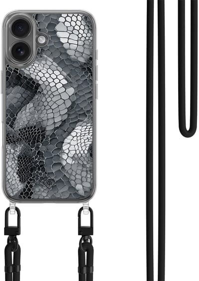 Casimoda® hoesje met zwart koord - Geschikt voor iPhone 17 - Python Grijs - Afneembaar koord - TPU/polycarbonaat - Grijs