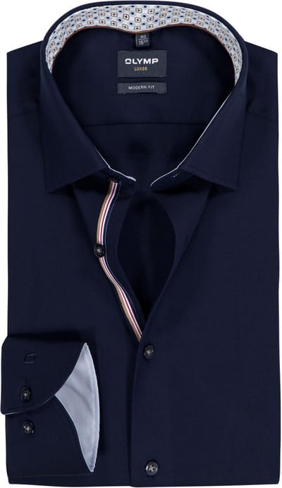 OLYMP Luxor modern fit overhemd - structuur - marine blauw - Strijkvrij - Boordmaat: 43