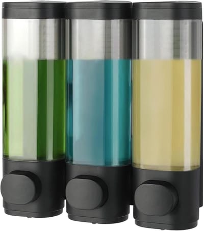 Famanu – Zeepdispenser wandmontage voor badkamer, zwart, shampoodispenser met 3 vakken van 300 ml, geschikt voor shampoo, conditioner en douchegel