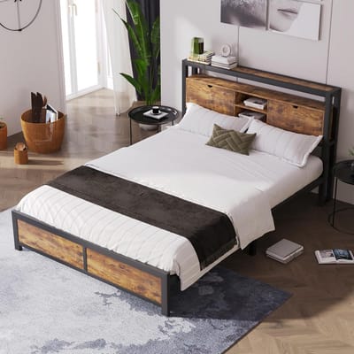 Metalen Bedframe - Tweepersoonsbed - Ruimte Besparen - Opbergruimte Hoofdeinde - 140 x 200 cm - Zwart