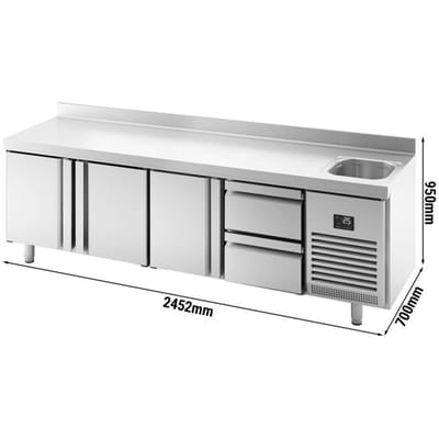GGM Gastro Kühltisch Premium PLUS - 2452x700mm - mit 1 Becken, 3 Türen, 2 Schubladen - Aufkantung