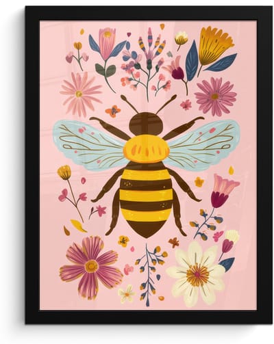 Poster in lijst - Fotolijst 30x40 cm - Posters - Bij - Geel - Bloemen - Kleurrijk - Posterlijst zwart - Decoratie - Wanddecoratie woonkamer - Muurdecoratie slaapkamer
