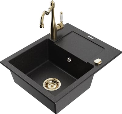 Mexen Enzo granieten spoelbak met 1 bak en afdruiprek en Carla keukenkraan, zwart/zilver metallic - 6506-73-670700-50