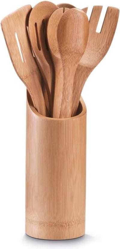 Spatelpot- Keukengerei houder - Spatelpot Bamboe - Spatelpot met 7-delig keukengerei - Houtkleurig
