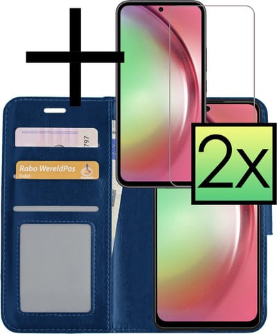 Hoesje - Met 2x Screenprotector - Geschikt voor Samsung Galaxy A54 - Luxe Pasjeshouder - Bookcase Portemonee - Flip Case - Kunstleer Book Case - Flipcase Hoes - Book Cover - Walletcase - Portemonneehoes - Donkerblauw