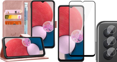 Hoesje geschikt voor Samsung Galaxy A13 4G - Book Case Kunstleer Wallet Cover Portemonnee Pasjeshouder Hoes Roségoud - Full Tempered Glass Screenprotector - Camera Lens Protector