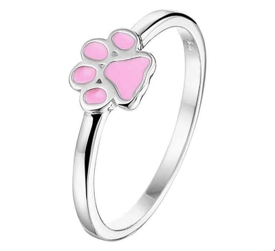Zilveren kinderring met roze pootafdruk – lieve meisjesring – 13mm – speelse dierenring – subtiel ringetje voor kind – schattig sieraad met pootje