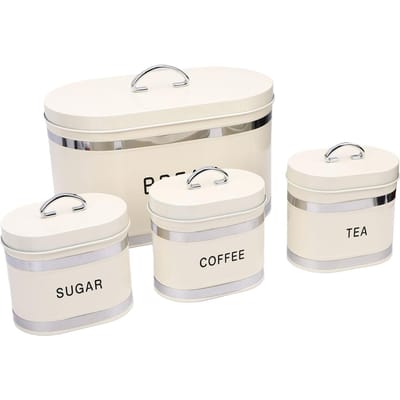 Broodtrommel en Voorraadpot Set voor Keukenblad Brooddoos Suiker Thee Koffie Opslagpot met Deksel voor Gebak Droog L wit