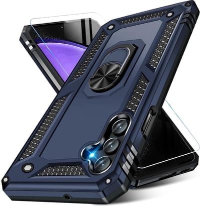 Casemania Hoesje Geschikt voor Samsung Galaxy S23 FE Blauw & Glazen Screenprotector - Anti-Shock Hybrid Armor Back Cover - Hoes met Kickstand Ring