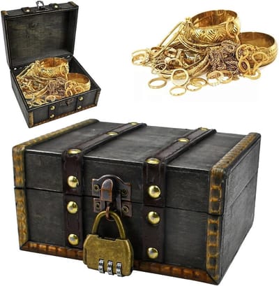 Vintage Houten Schatkist met Slot, Kleine Sieradenbox voor Kettingen en Accessoires, Piratenstijl Decoratie