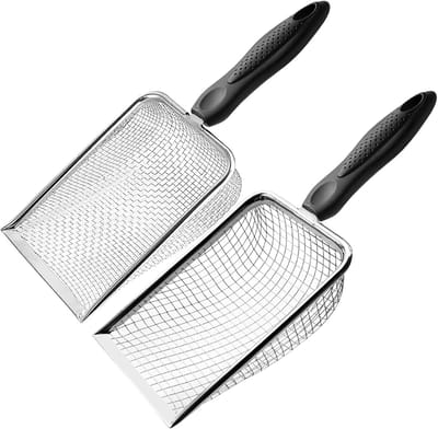 Professionele Kippenmestschep Set van 2 - RVS Zeefhark met 3,8mm & 5mm Maaswijdte - Metalen Kippenhok Reinigingsgereedschap voor Zand en Mest - Duurzame Hokbenodigdheden - Zilver