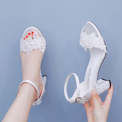 7cm Dikke Hak Ondiepe Mond Sandalen met Eén Band Ronde Neus Vierkantswortel Sandalen Kralen Zijde Satijn Bloemen Kralen Bruids Trouwschoenen 41 white