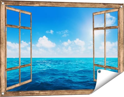 Gards Tuinposter Doorkijk Water Midden op Zee met Zonneschijn - 90x60 cm - Tuindoek - Tuindecoratie - Wanddecoratie buiten - Tuinschilderij