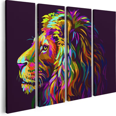 Artaza Canvas Schilderij Vierluik Gekleurde Leeuw - Leeuwenkop - Abstract - 80x60 - Foto Op Canvas - Canvas Print