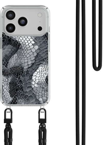 Casimoda® hoesje met zwart koord - Geschikt voor iPhone 17 Pro Max - Python Grijs - Afneembaar koord - TPU/polycarbonaat - Grijs