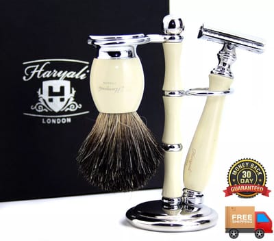 Scheerset voor mannen met DE Safety Razor, scheerkwast en scheerstandaard in gebroken witte kleur, scheerset voor herenverzorging
