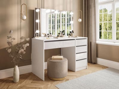 Vente-unique Kaptafel met ledspiegel - 5 lades - Glanzend wit - JENEMI