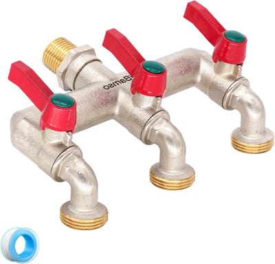 3-Weg Waterkraan en Splitter 2-in-1 met 1/2 inch Ingang en Drie 3/4 inch Uitgangen, Inclusief Aan/Uit Ventielen voor Tuin en Irrigatie