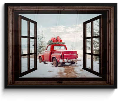 Poster in lijst - Fotolijst 70x50 cm - Posters - Doorkijk - Auto - Rood - Cadeaus - Winterlandschap - Kerst - Posterlijst zwart - Decoratie - Wanddecoratie woonkamer - Muurdecoratie slaapkamer - Kerstversiering - Kerstdecoratie voor binnen - Kerstmis