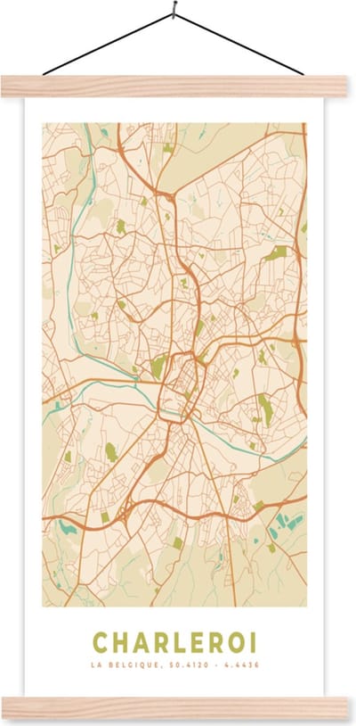 Posterhanger incl. Poster 60x120 cm - Schoolplaat - Kaart - Plattegrond - Stadskaart - België - Charleroi - Textielposter - Blanke latten - Stadskaart