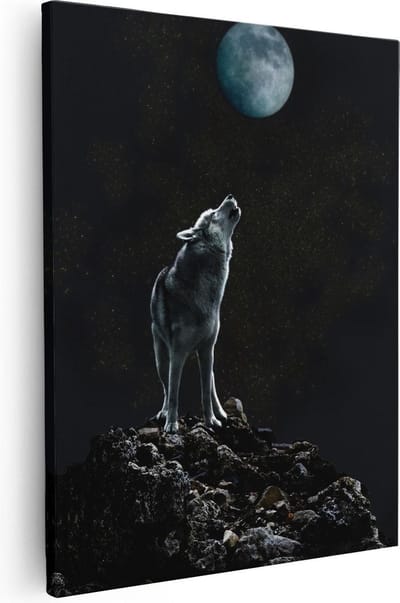 Artaza Canvas Schilderij Huilende Wolf - 40x50 cm - Wanddecoratie Nacht - Muurdecoratie Dierenkop - Kamer Accessoires