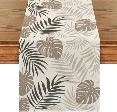 Tafelloper, beige, zwart, linnen, zomer, lente, 40 x 100 cm, tafelloper, tropisch blad, modern, rustiek, decoratie, bruiloft, platteland, rechthoekig, voor keuken, binnen, boerderij