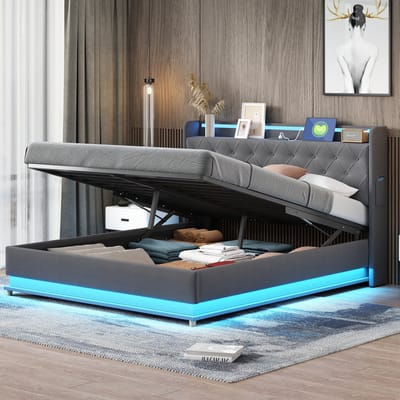 DESMIU Gestoffeerd Bed 160 X 200 Cm – Bed Met Meerkleurige Ledverlichting, Usb-Oplaadpunt En Hydraulische Opbergruimte – Voor Slaapkamer – Grijs – Zonder Matras