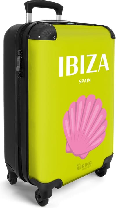 NoBoringSuitcases.com® - Handbagage koffer lichtgewicht - Reiskoffer trolley - Groen met Ibiza Spanje - Rolkoffer met wieltjes - Suitcase cabin - Past binnen 55x40x20 en 55x35x25 - Valiezen met wieltjes volwassenen - Travel luggage