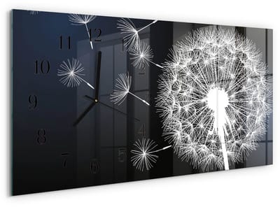 Tulup Wandklok - Paardebloem Decoratieve Glazen Klok - 60x30 cm - Marine Glazen Wandklok Design - Zwarte Handen - Rechthoekige Wandklok - Wandklok Glas Decoratie - Gekleurde Glazen Klok