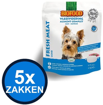 5x Biofood - Vleesvoeding Compleet Kip & lam Zak Multipack - Hondenvoer Droogvoer - 630 g