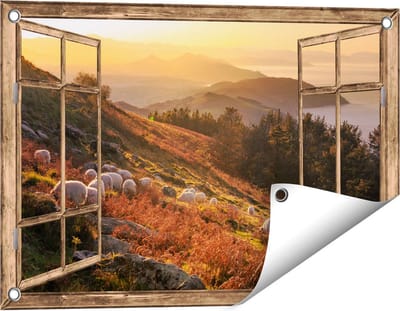 Gards Tuinposter Doorkijk Schapen in de Bergen - 60x40 cm - Tuindoek - Tuindecoratie - Wanddecoratie buiten - Tuinschilderij
