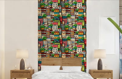 Behang - Fotobehang Patronen - Huis - Boom - Jongens - Kinderen - Kids - Breedte 120 cm x hoogte 240 cm