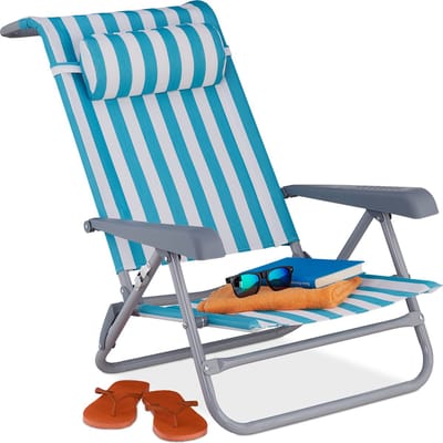 strandstoel opvouwbaar - verstelbaar - laag - 8 standen - armleuningen - strand ligstoel - blauw-wit