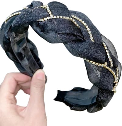 Elegante Organza Haarband met Strass voor Dames - Vlecht Haaraccessoire, Antislip en Elastisch, Perfect voor Feestjes en Dagelijks Gebruik
