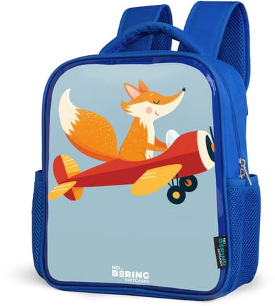 NoBoringSuitcases.com® - Rugzak blauw - Schooltas jongens - Oranje vos in een vliegtuig - Kinder rugtas jongen - Boekentas kind - Kinderrugzak voor school - Schoolrugzak