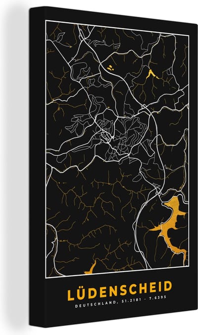 Canvas Schilderij Plattegrond – Lüdenscheid – Goud – Stadskaart – Kaart - Duitsland - 20x30 cm - Wanddecoratie