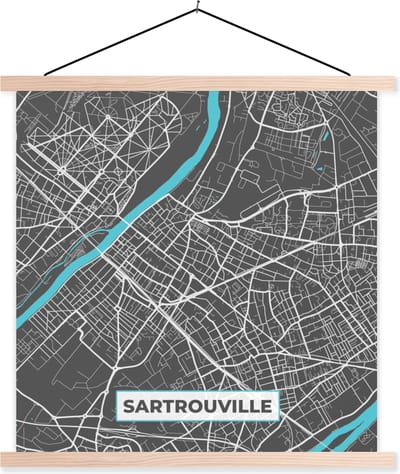 Posterhanger incl. Poster 40x40 cm - Schoolplaat - Frankrijk - Sartrouville - Stadskaart - Kaart - Plattegrond - Textielposter - Blanke latten - Stadskaart