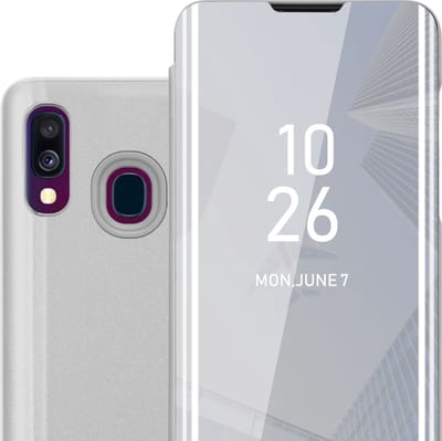 Cadorabo Hoesje geschikt voor Samsung Galaxy A40 in AGAAT ZILVER - Clear View Spiegel Beschermende Case met Tribunefunctie 360 Graden Bescherming Book Case Cover Etui