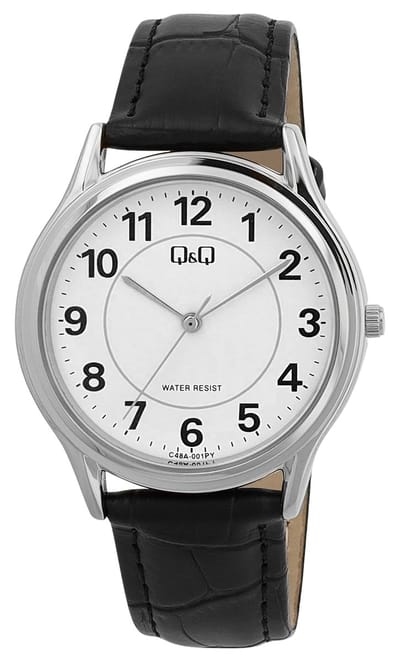 Q&Q C48A-001PY - Horloge - Polshorloge - Analoog - Unisex - Leren band - Rond - Metaal - Cijfers - Zwart - Zilverkleurig - Wit
