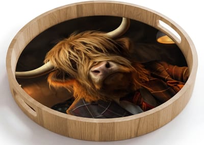 Dienblad rond 40x40 cm - Schootdienblad hout - Schotse hooglander - Dier - Pak - Bureau - Borrelplank rechthoek - Plateau houten dienbladen