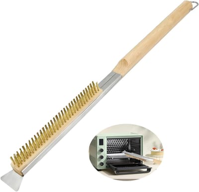 Professionele Pizzaborstel van 52 cm met RVS Schraper, Messing Borstels en Houten Handvat voor Buiten, Ideaal voor Grillen en Rookoven Schoonmaken